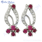 Load image into Gallery viewer, Elegant silver stud earrings featuring rubies and diamonds, designed for women.
