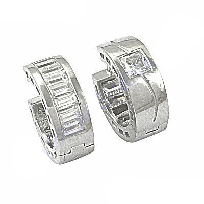 Silver Baguette & Square Diamond Hoop Earrings | Women's Jewelry