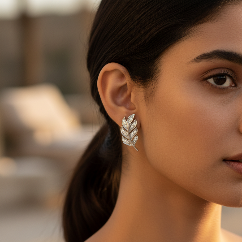 925 Silver Leaf Stud Earrings | Diamond-Accented Jewelry for Women