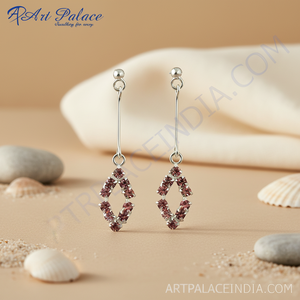 Silver rhombus drop earrings with pink gemstones | women's jewelry