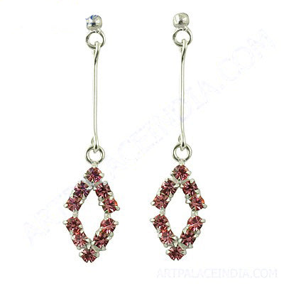 Silver Rhombus Drop Earrings with Pink Gemstones | Women's Jewelry