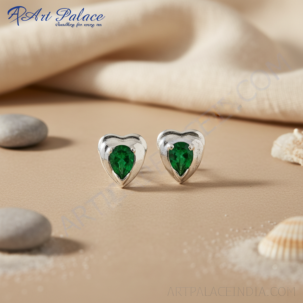 Silver heart shaped emerald stud earrings for women