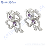 Load image into Gallery viewer, 925 sterling silver stud earrings with amethyst and cubic zirconia gemstones, floral design
