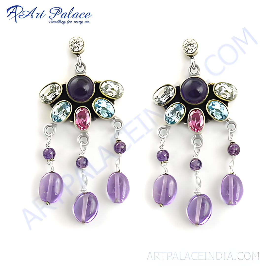 Amethyst dangle earrings with a silver-toned metal setting, featuring a cluster of colorful gemstones.