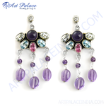 Load image into Gallery viewer, Amethyst dangle earrings with a silver-toned metal setting, featuring a cluster of colorful gemstones.
