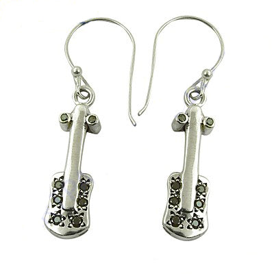 925 Silver Violin Earrings with Black Gemstones for Women