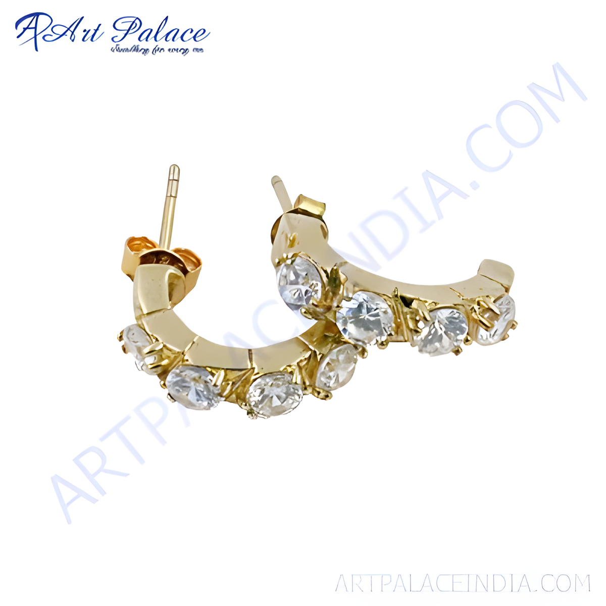 Gold plating hoop earrings with round cut, clear cubic zirconia stones