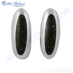 Load image into Gallery viewer, Silver oval stud earrings with a dark stone inlay for women&#39;s jewelry.
