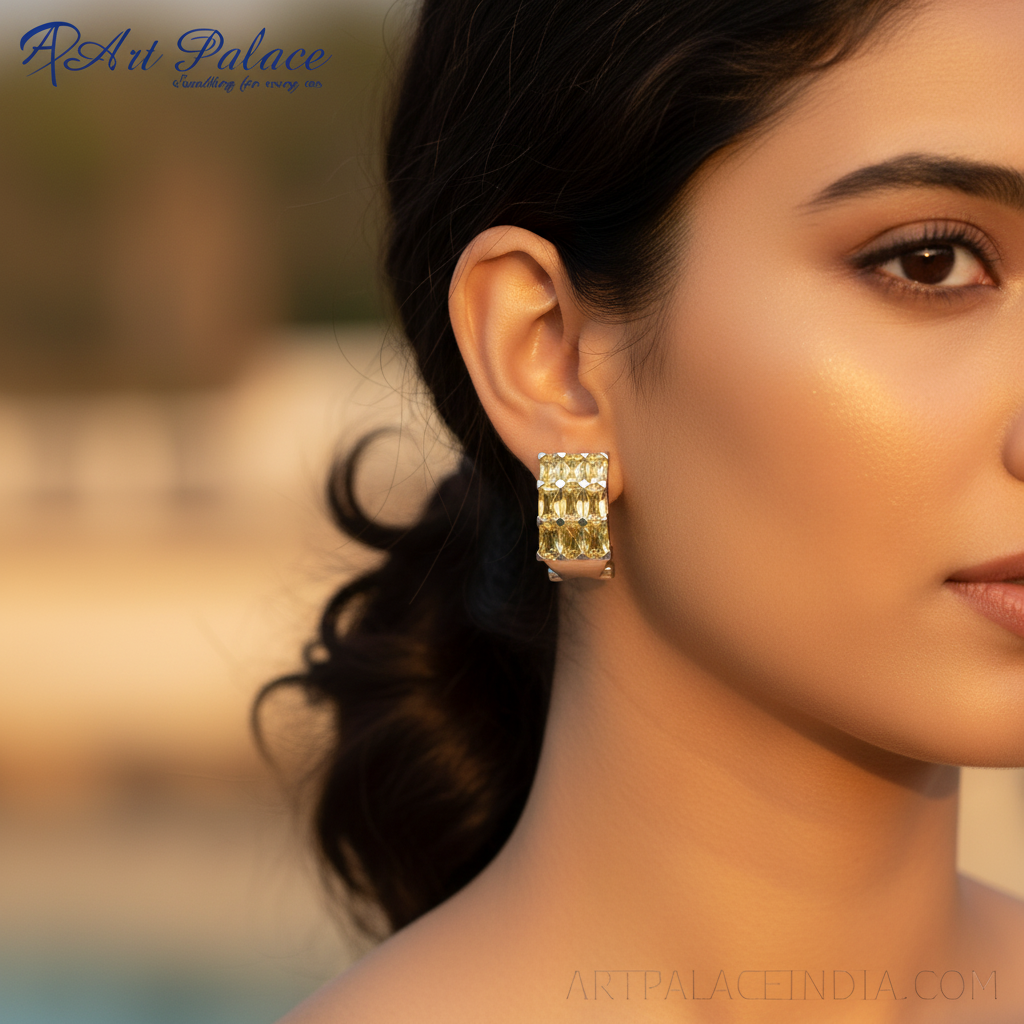 Silver yellow gemstone stud earrings | women's fashion jewelry