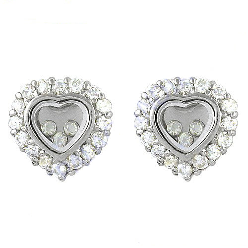 Silver Heart Diamond Stud Earrings | Floating Diamond Earrings