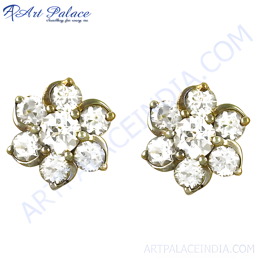 gold plating flower stud earrings featuring multiple clear diamonds. Elegant, floral design perfect for women.