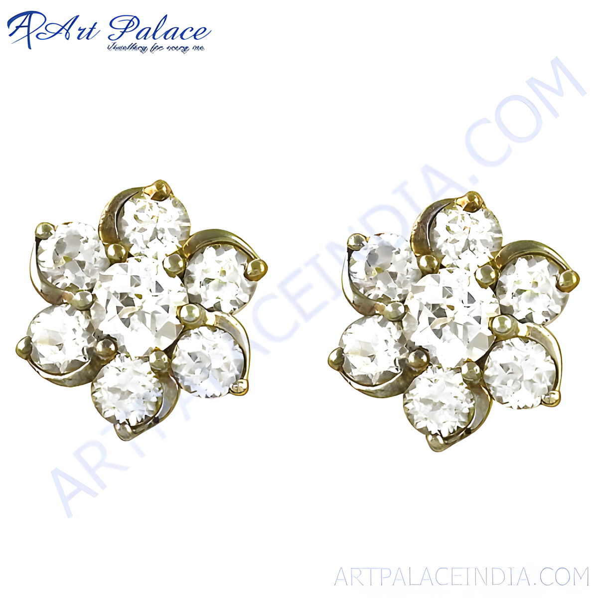 Gold plating flower stud earrings featuring multiple clear diamonds