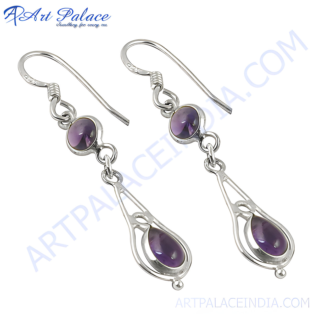 Sterling silver drop earrings with oval amethyst gemstones, a beautiful purple color