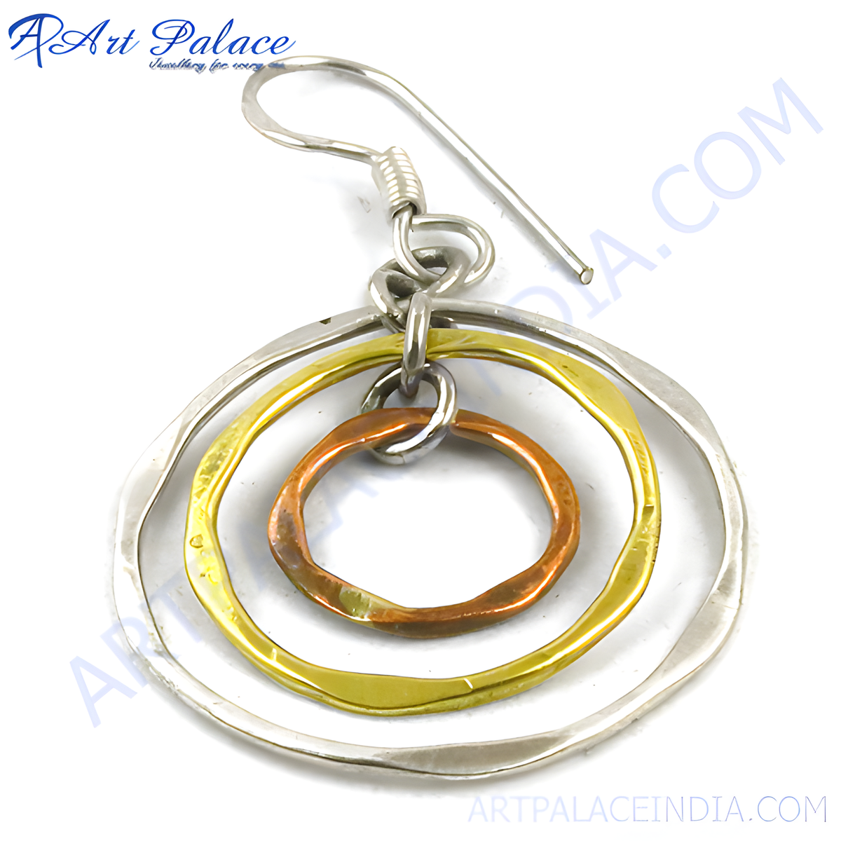 Mixed metal hoop earrings featuring silver, gold, and copper circles, a stylish and elegant jewelry design