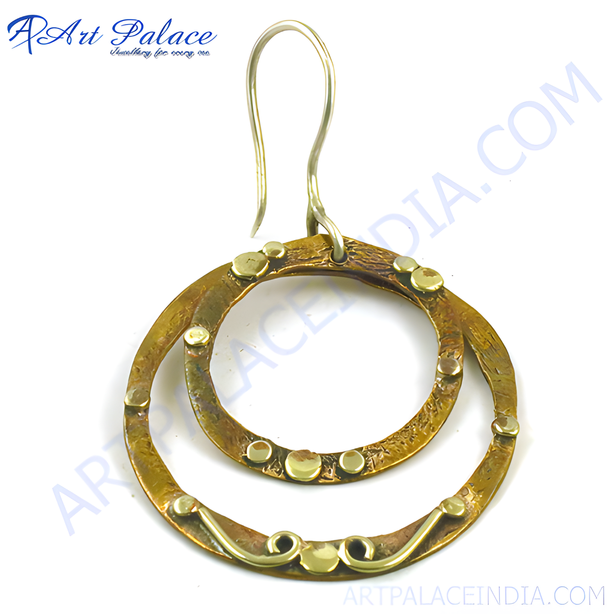 Brass circle drop earrings with gold accents, designed for women's fashion jewelry