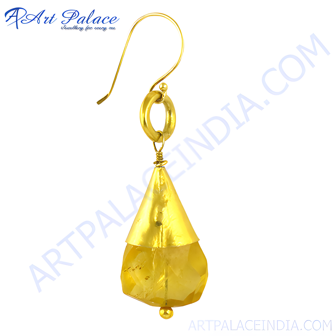 gold plating teardrop dangle earrings with a faceted citrine gemstone. Yellow jewelry.