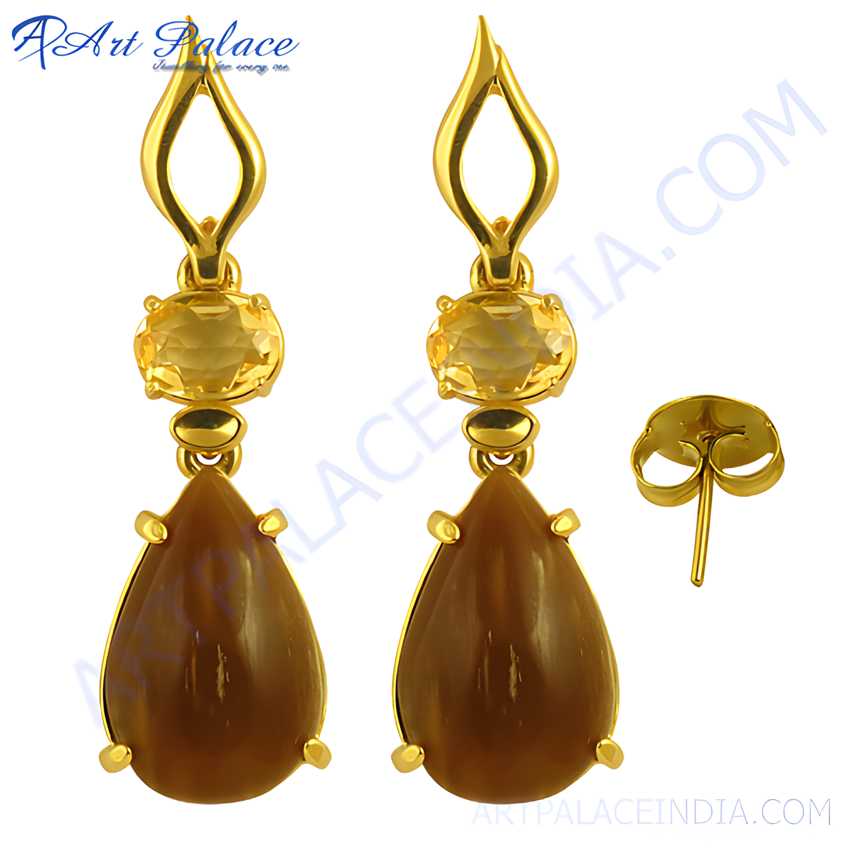 Gold plating teardrop earrings featuring citrine and brown gemstones, perfect for women