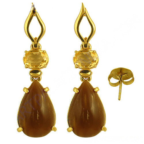 gold plating Teardrop Earrings with Citrine & Brown Gemstones | Gift for Her