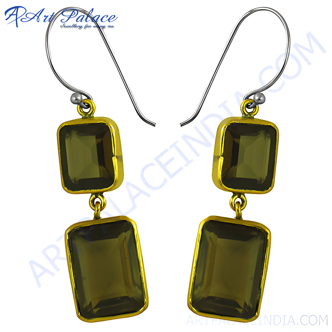 gold plating plated drop earrings featuring rectangular smokey quartz gemstones, elegant design for women