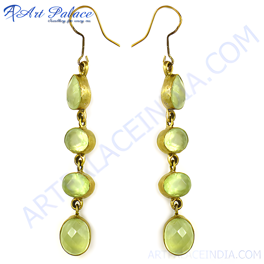 gold plating dangle earrings with light green peridot gemstones, perfect for any occasion.