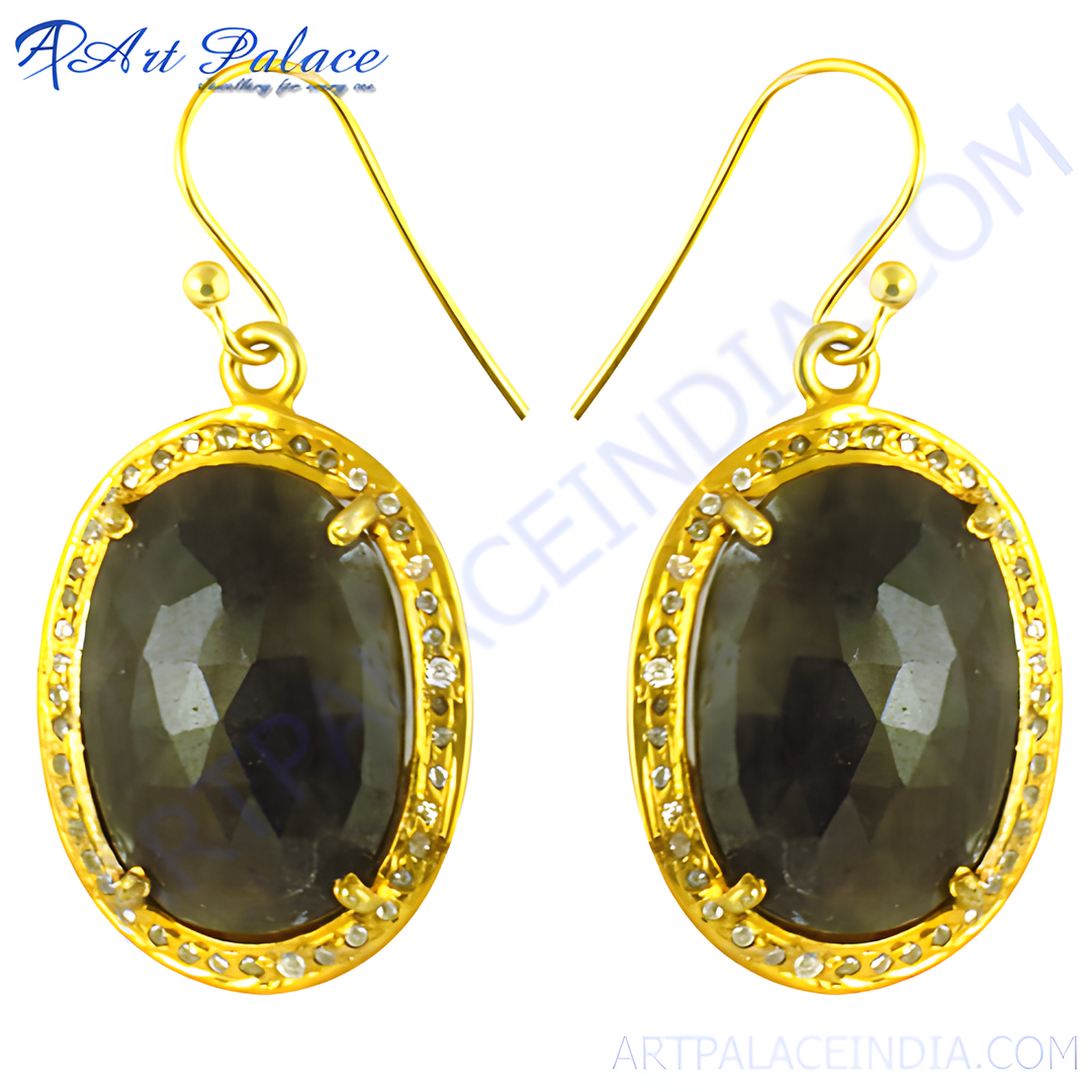 gold plating drop earrings featuring oval-cut dark sapphire gemstones and diamond accents, luxury jewelry.