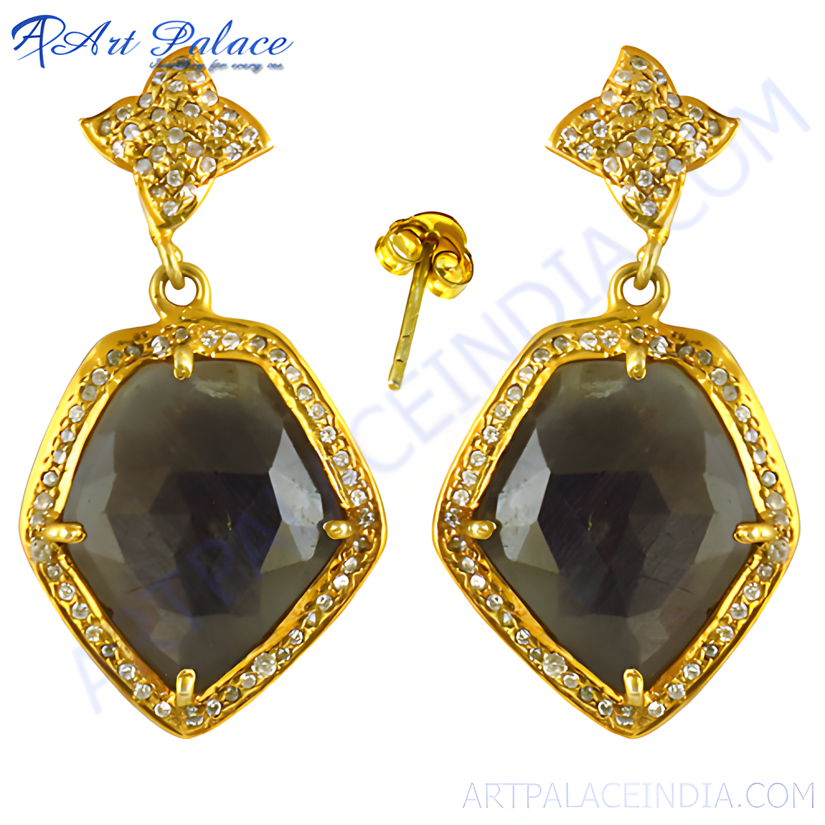 Gold plating teardrop dangle earrings with sapphire gemstones and diamond accents, perfect for women