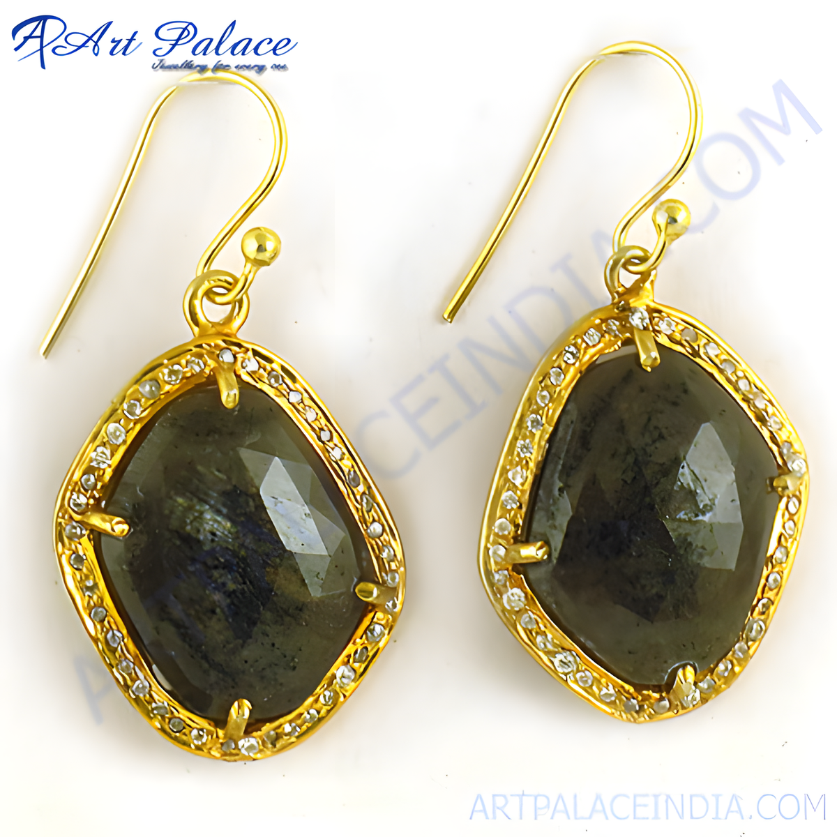Gold plating dangle earrings with labradorite gemstones and surrounding diamonds
