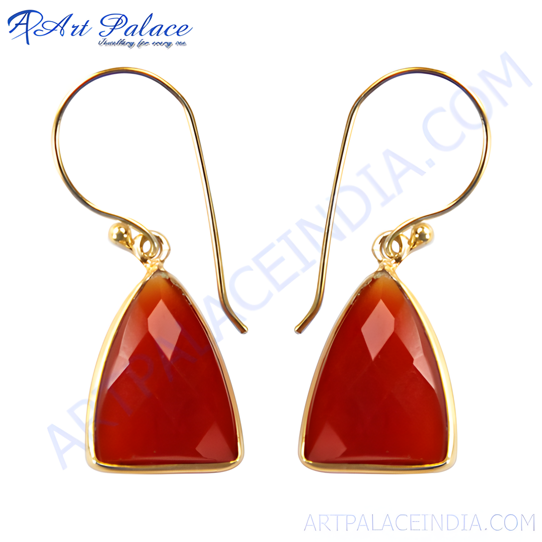 gold plating dangle earrings with vibrant red-orange carnelian gemstones. Featuring a triangular shape and gold plating-plated setting.