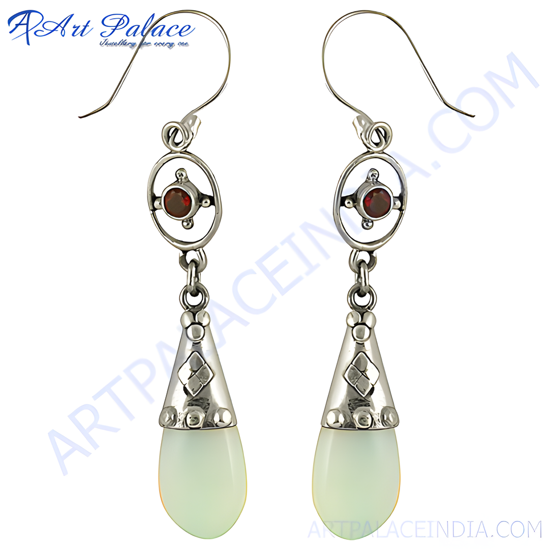 925 silver dangle earrings with teardrop opal gemstones, featuring a red accent and hook closure, perfect for women.