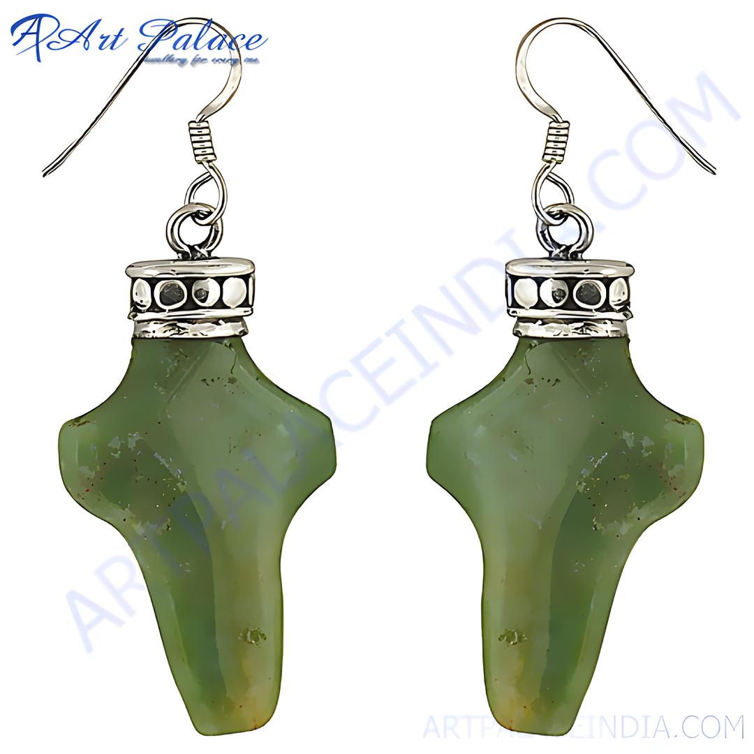 Sterling silver drop earrings featuring green jade gemstones for women. Elegant design.