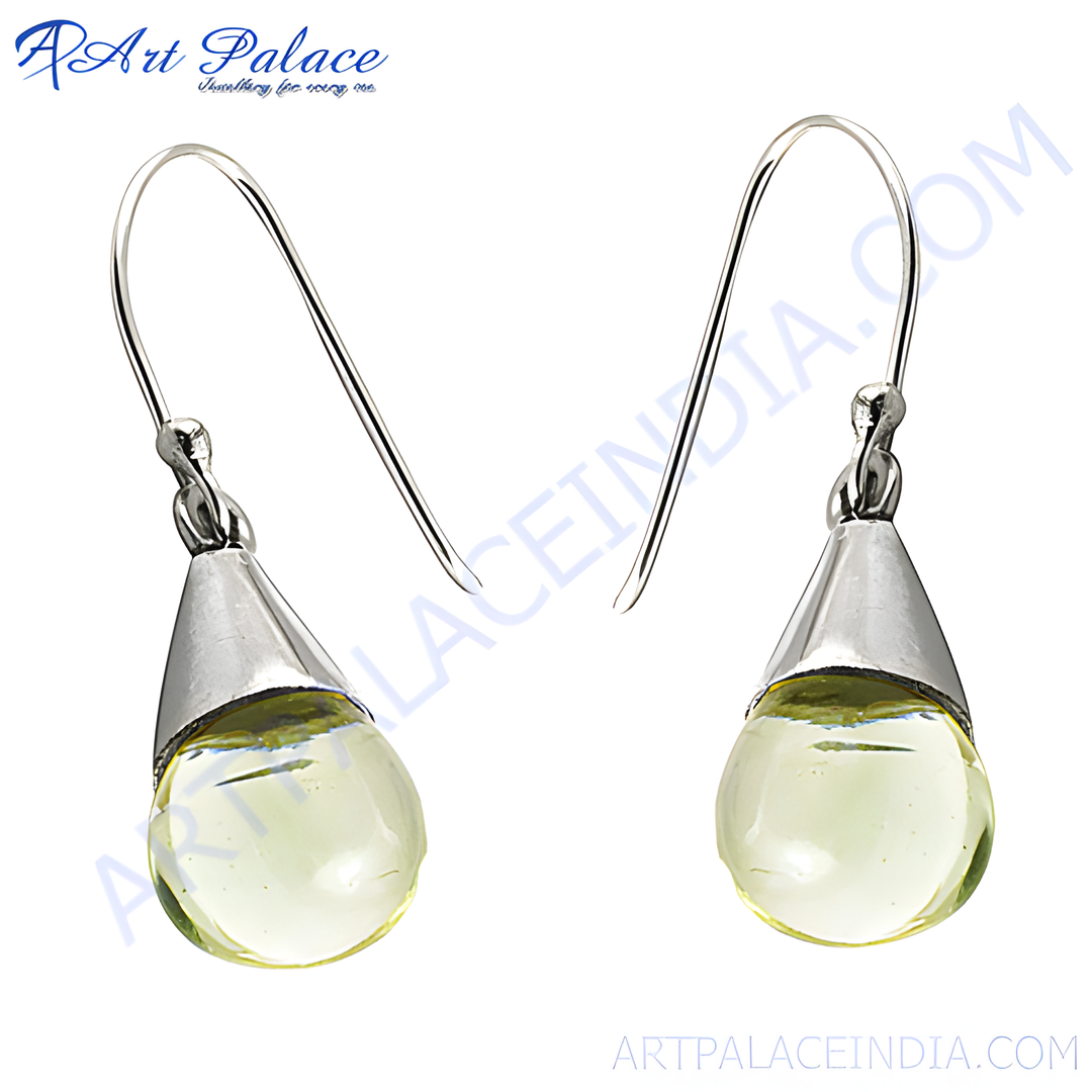 Silver dangle earrings with yellow gemstone teardrop shape, for women.