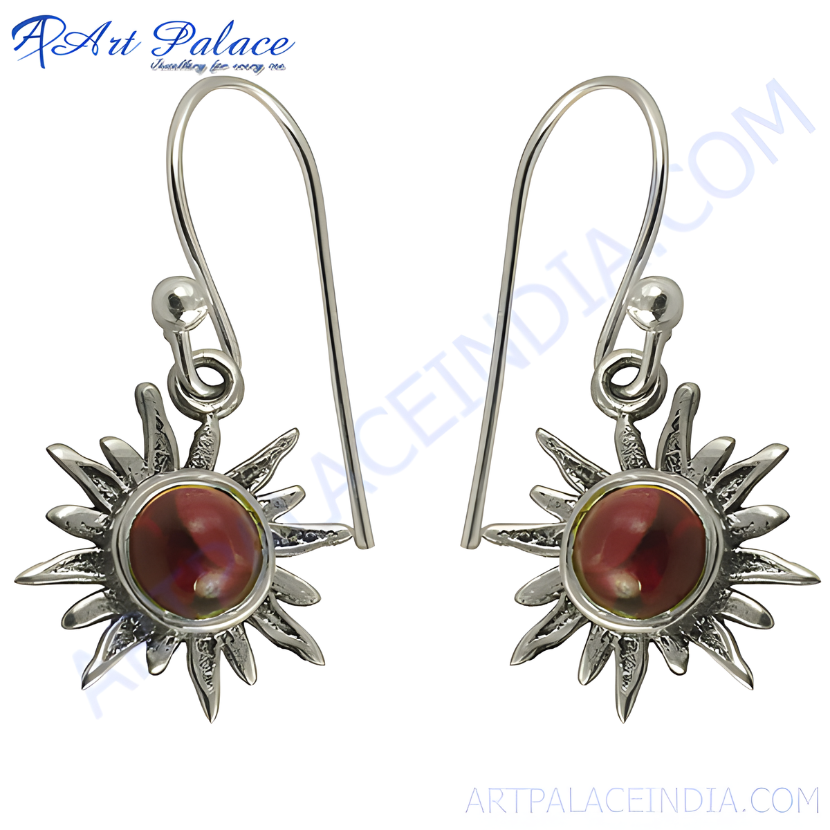 925 sterling silver dangle earrings with a sunburst design and a red gemstone center