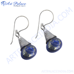 Load image into Gallery viewer, Sterling silver drop earrings featuring lapis lazuli gemstones with gold plating flecks, ideal for women
