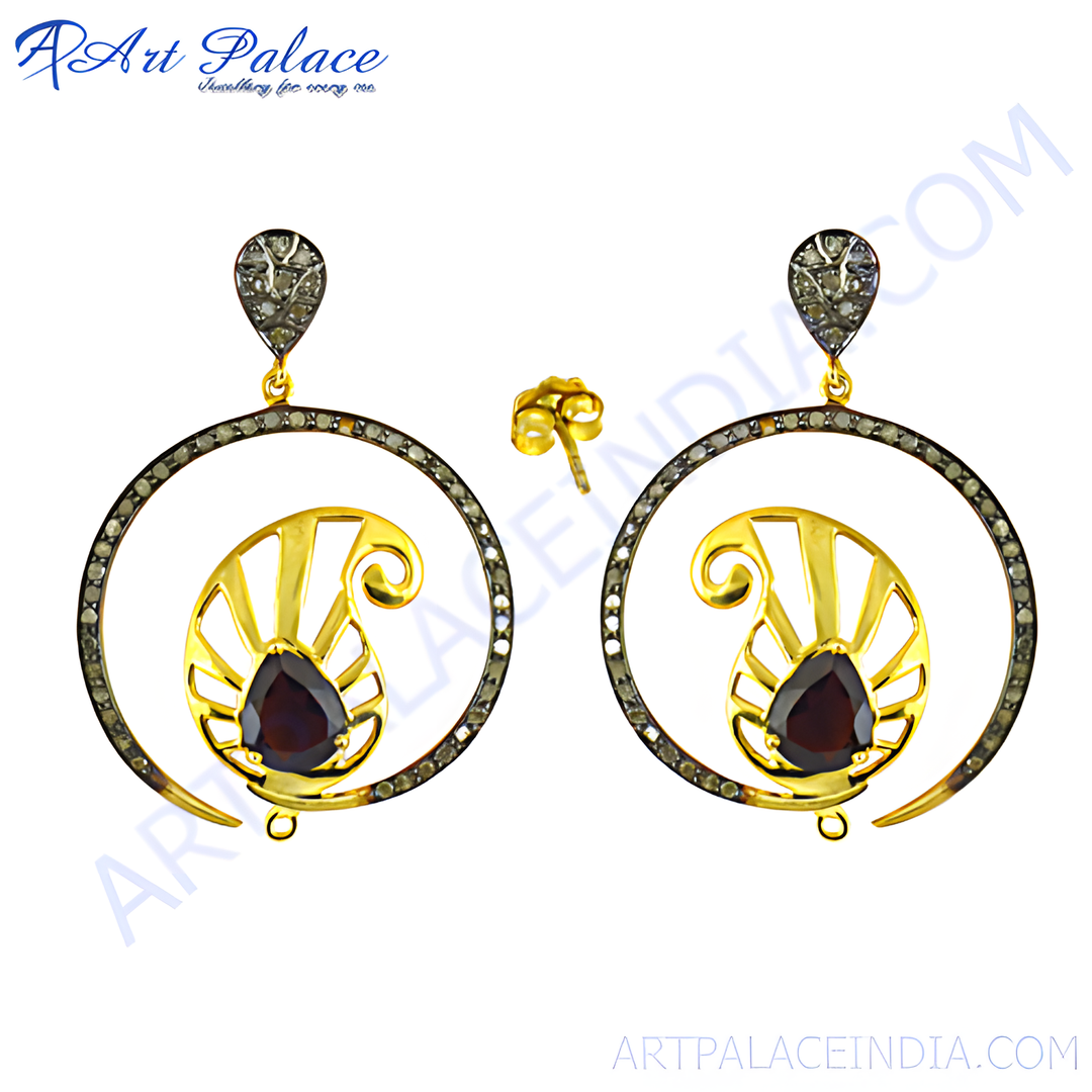 gold plating filigree dangle earrings featuring a dark red garnet gemstone and sparkling details