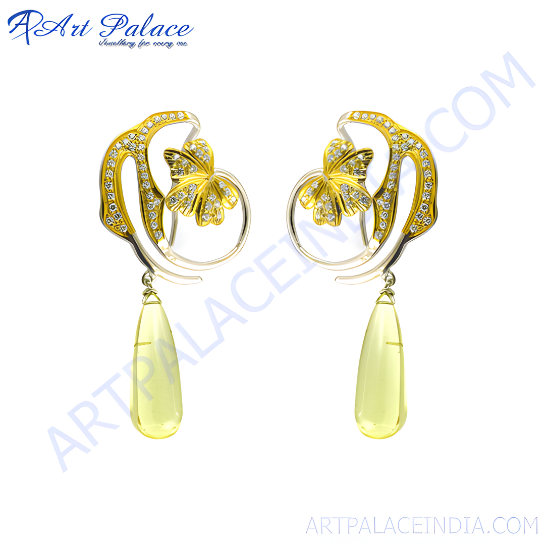 gold plating dangle earrings featuring a floral design with diamonds and yellow gemstone drops.