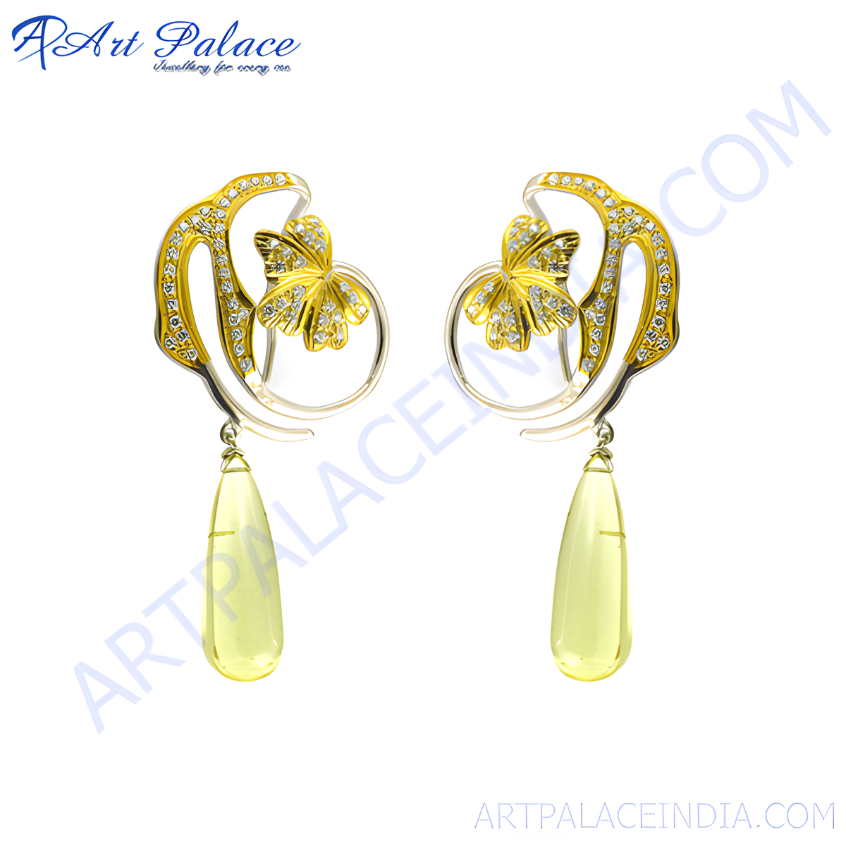 Gold plating dangle earrings featuring a floral design with diamonds and yellow gemstone drops