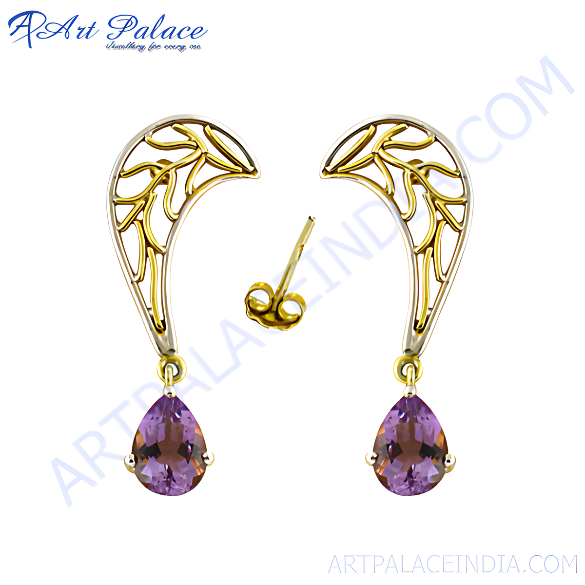 Gold plating and silver dangle earrings with pear shaped amethyst gemstones, purple earrings