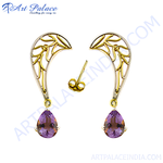 Load image into Gallery viewer, gold plating and silver dangle earrings with pear-shaped amethyst gemstones, purple earrings
