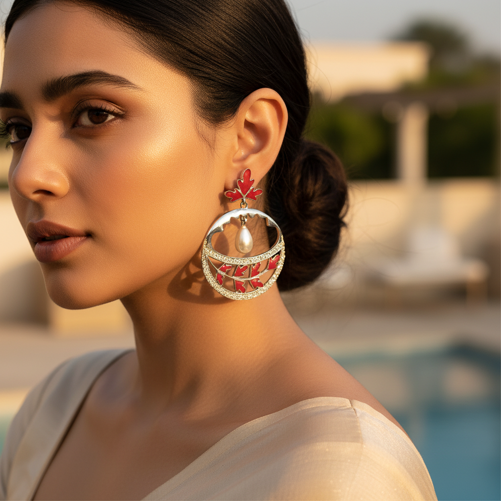 Silver Red Enamel Leaf Drop Earrings | Women's Fashion Jewelry