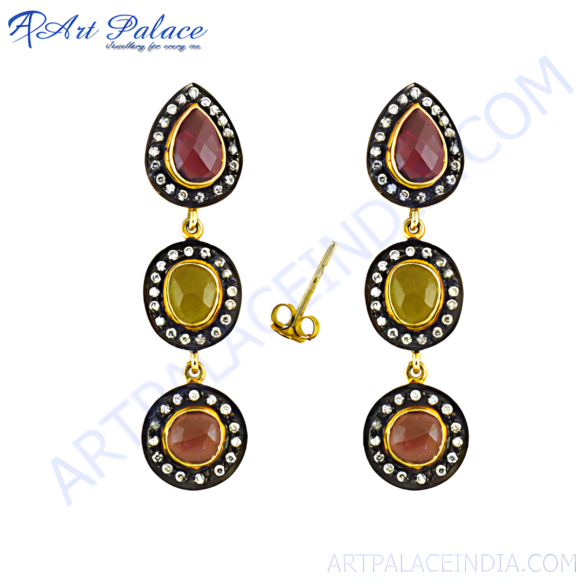 Gold plating dangle earrings with ruby and sapphire gemstones, perfect for special occasions