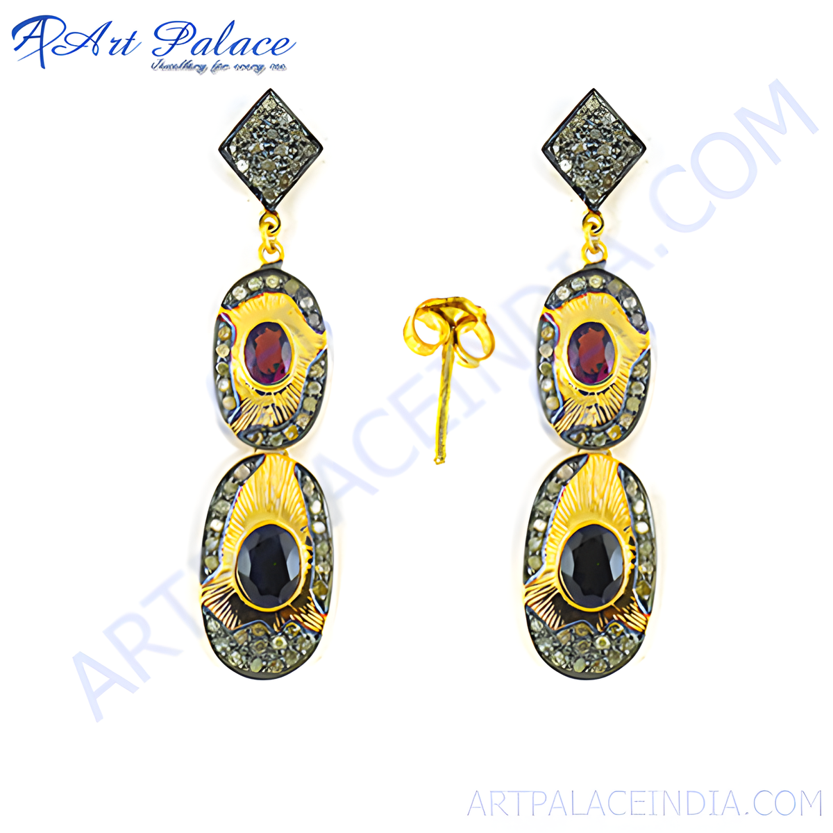 Gold plating dangle earrings featuring ruby and sapphire gemstones