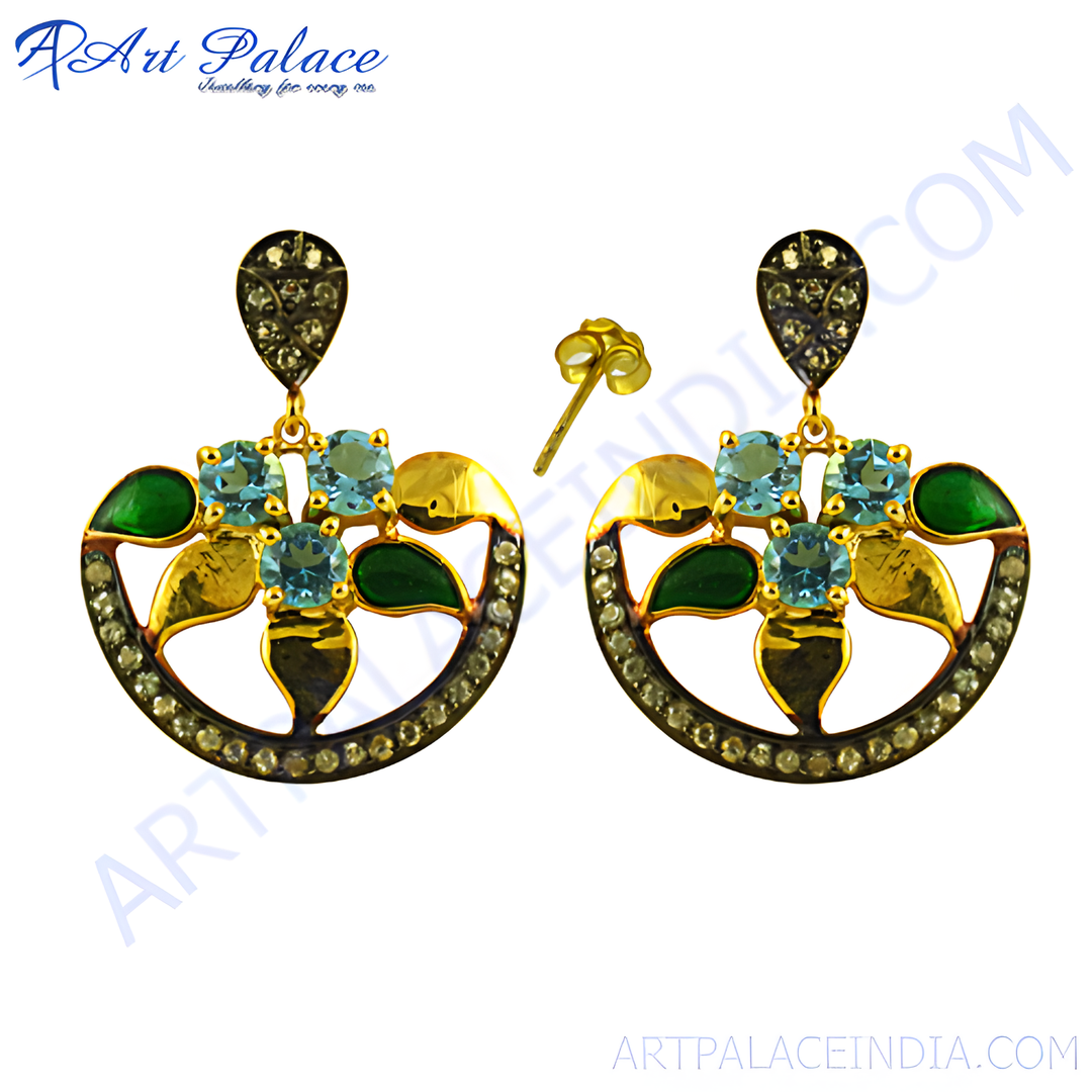 gold plating dangle earrings with gemstones and cubic zirconia detailing.