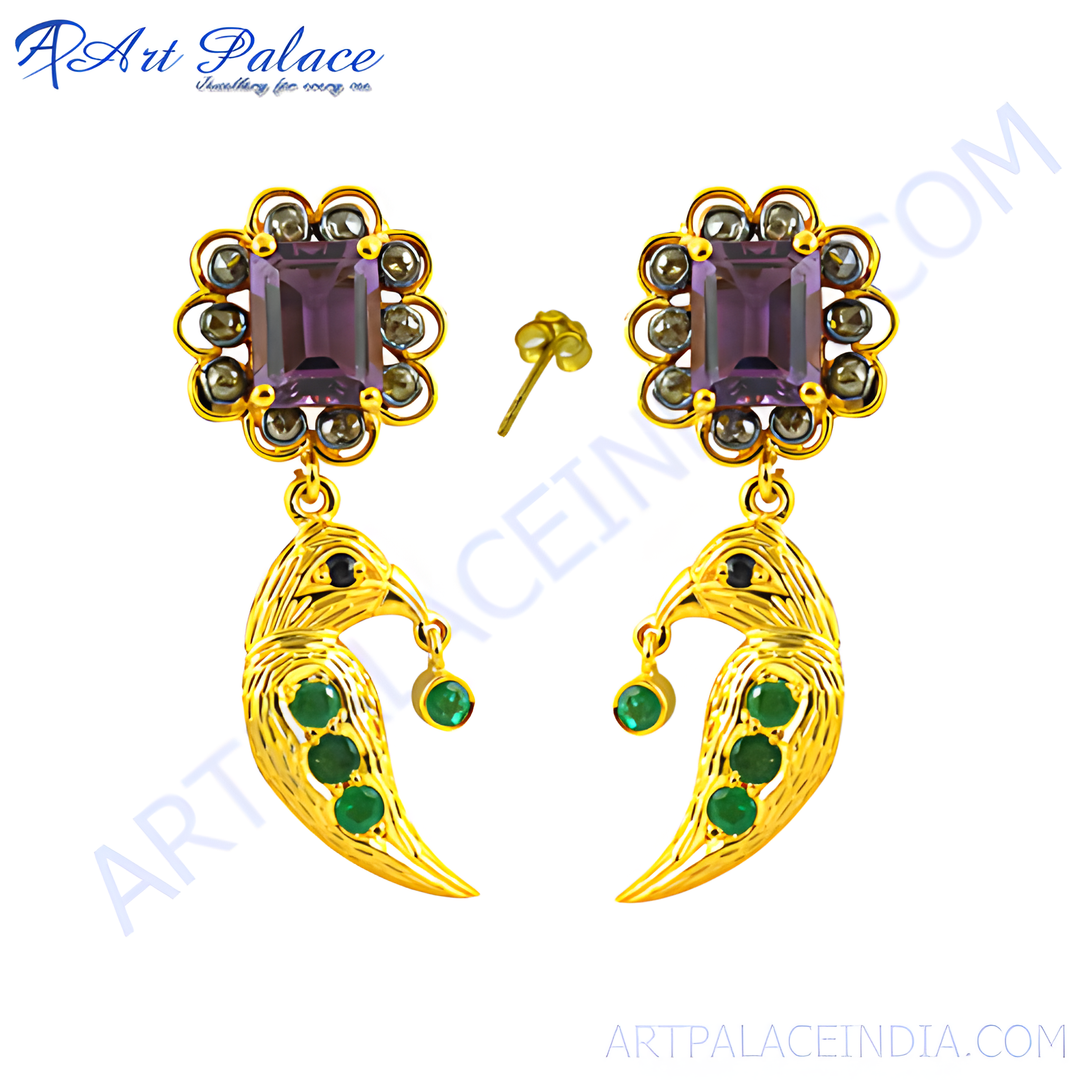 gold plating peacock dangle earrings with emerald and amethyst gemstones, a luxurious piece of jewelry.