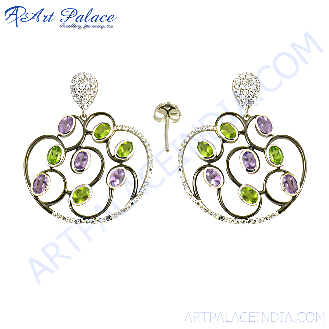 gold plating drop earrings featuring green and purple gemstones, a vibrant and stylish design