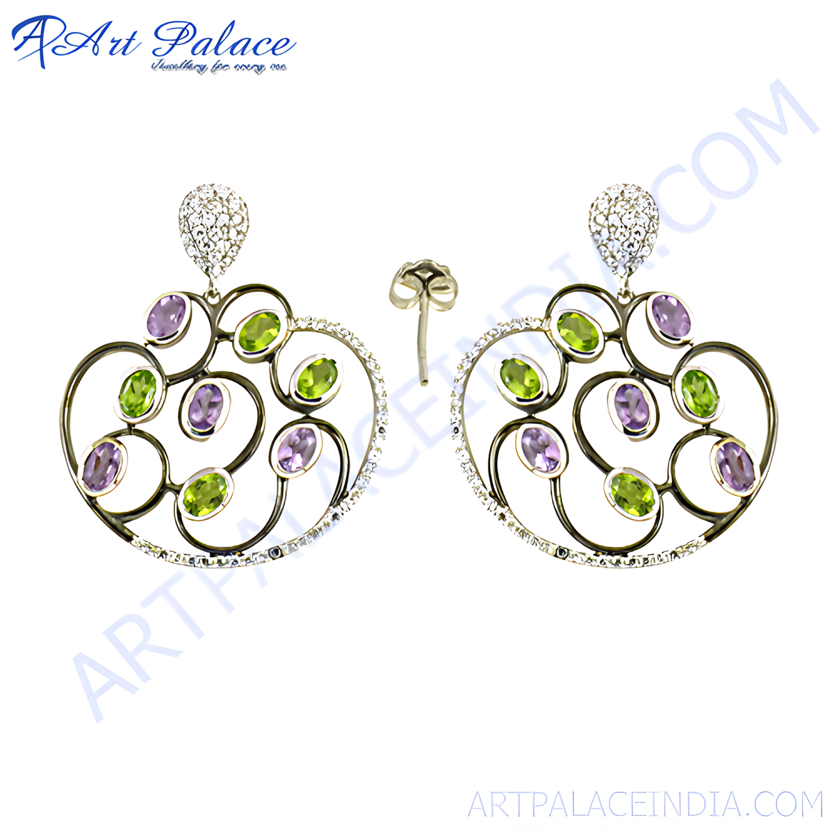 Gold plating drop earrings featuring green and purple gemstones, a vibrant and stylish design