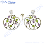 Load image into Gallery viewer, gold plating drop earrings featuring green and purple gemstones, a vibrant and stylish design

