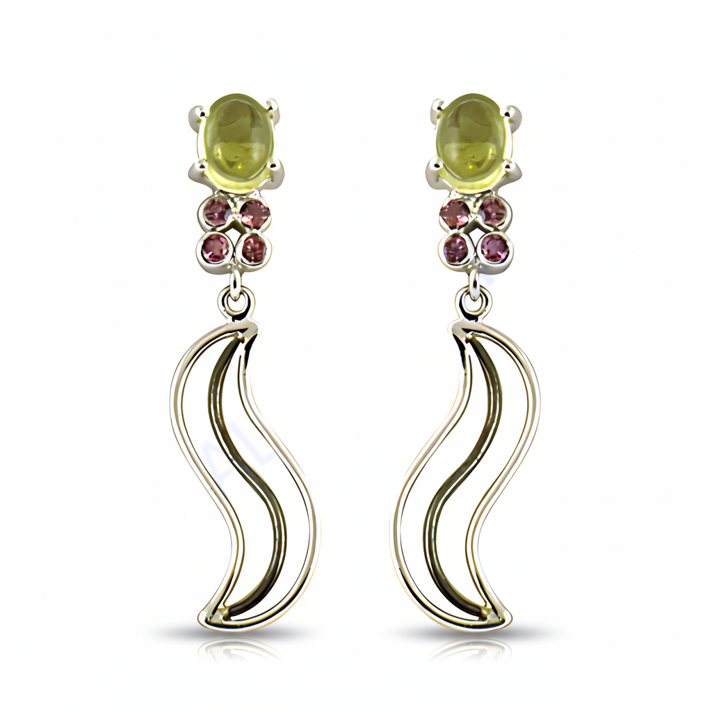 Silver Dangle Earrings with Green & Pink Stones | Women's Jewelry