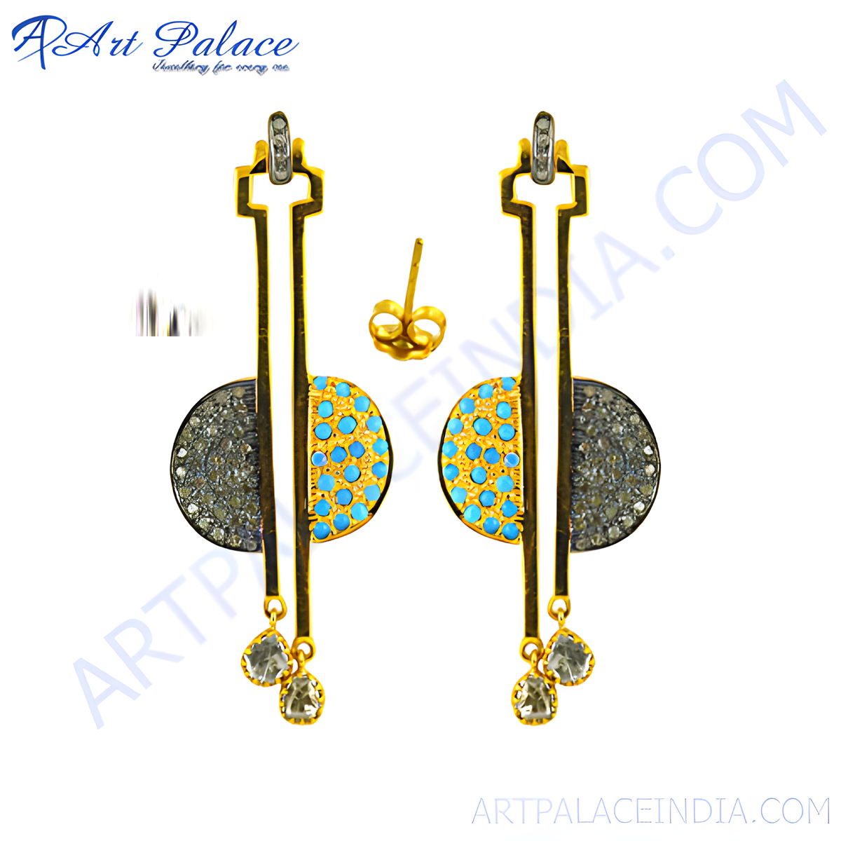 Gold plating dangle earrings featuring blue gemstones and sparkling accents, perfect for women
