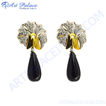 Load image into Gallery viewer, gold plating and diamond drop earrings with black onyx teardrop gemstones, elegant floral design.
