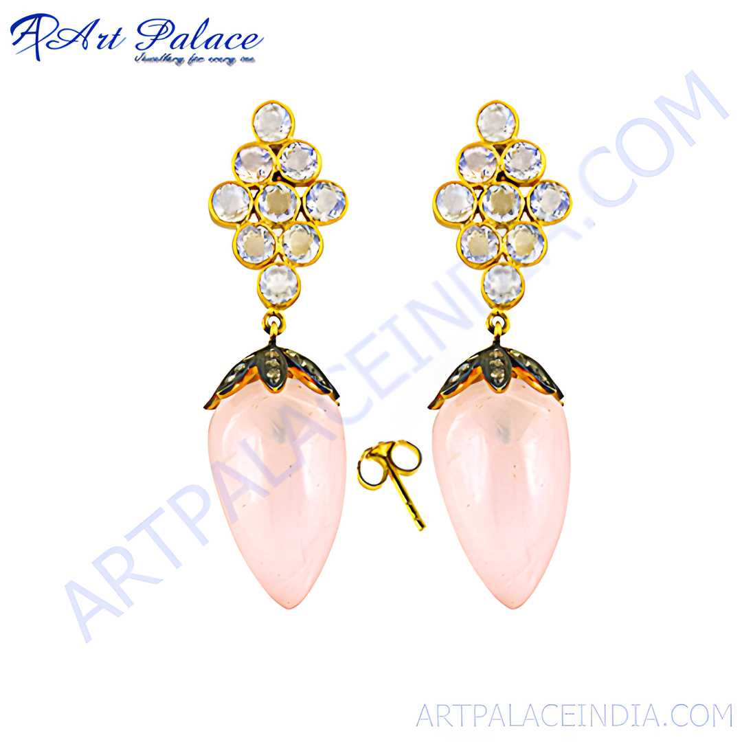 Rose quartz drop earrings with gold plating detailing and clear gemstones, pink color